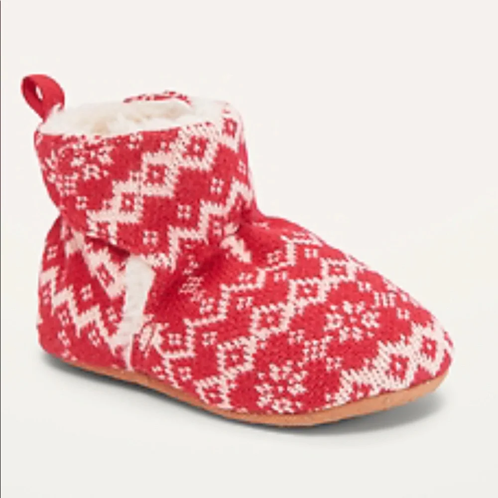 🌵3/$15 Fair Isle sweater knit slippers winter faux fur velcro baby bootie
